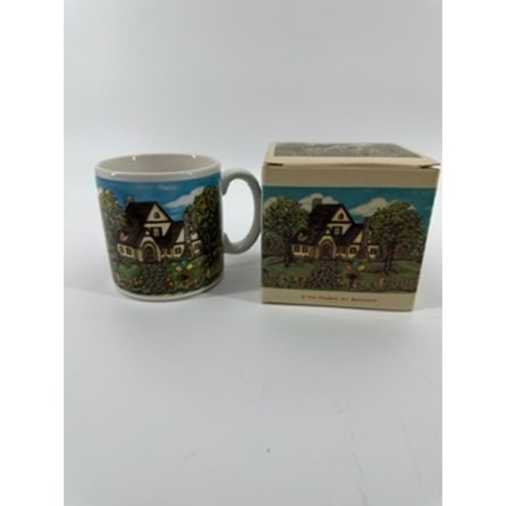 Vintage 1994 Flowers Inc. Balloons Coffee Mug Cottagecore House w/ Box‎